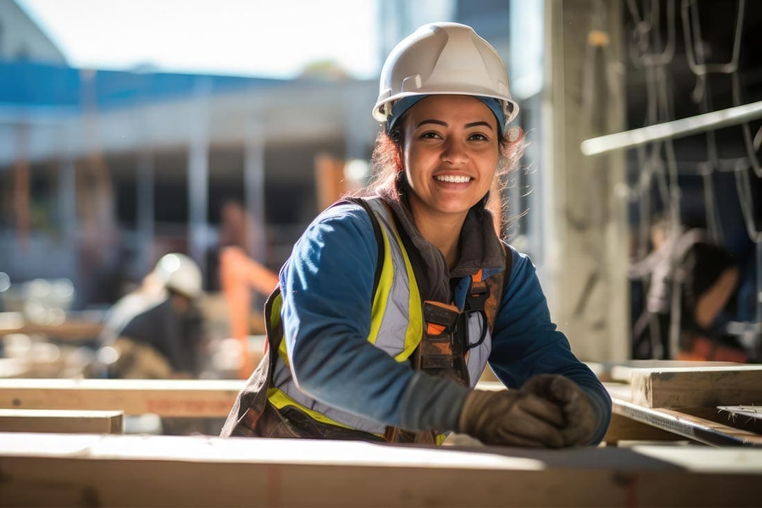 Smiling construction worker in helmet and vest at job site