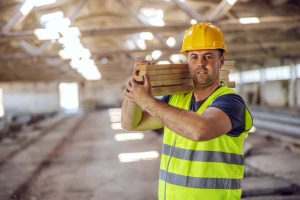 Construction worker carrying wooden planks indoors
