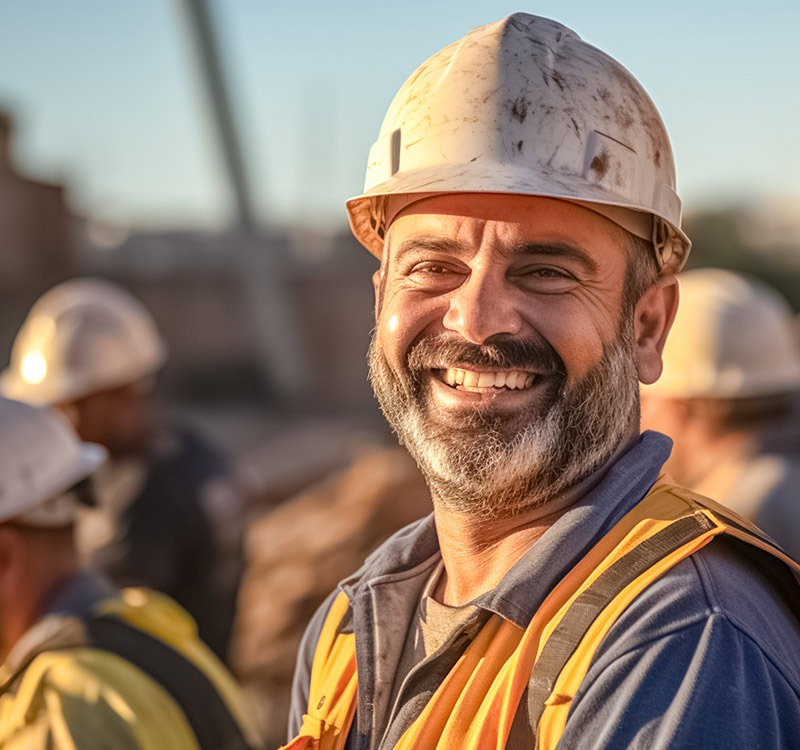 Smiling construction worker in helmet and vest at jobsite